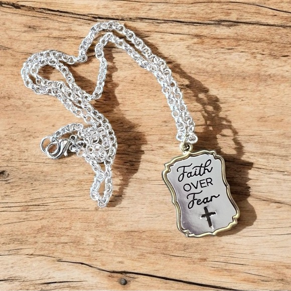 Silver and Gold Toned Pendant Necklace with Cross Detail “Faith Over Fear” - Picture 3 of 17
